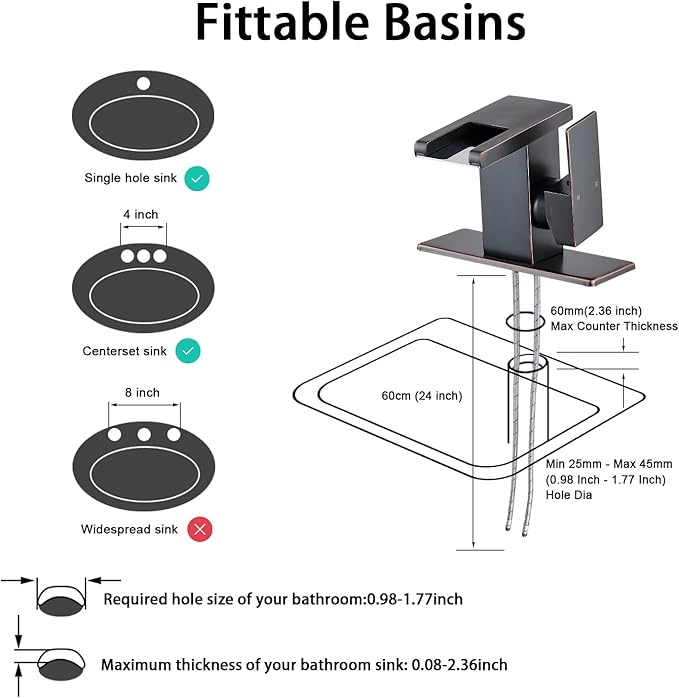 LED Bathroom Sink Faucet, Oil Rubbed Bronze Waterfall Single Hole Handle Vanity Faucets for Sinks 1 Hole with Metal Pop Up Drain and 2 Water Supply Lines, Side Handle