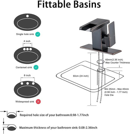 LED Bathroom Sink Faucet, Oil Rubbed Bronze Waterfall Single Hole Handle Vanity Faucets for Sinks 1 Hole with Metal Pop Up Drain and 2 Water Supply Lines, Side Handle