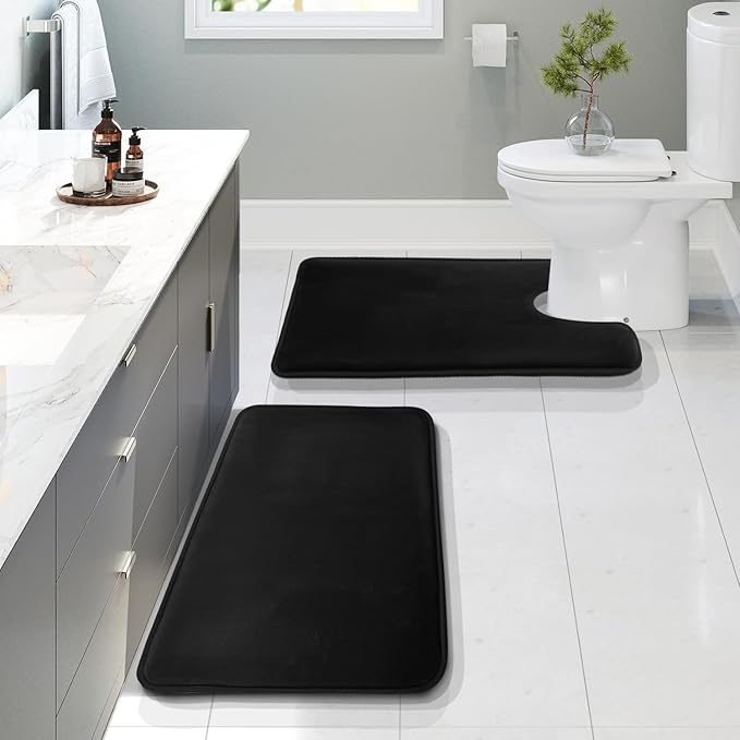 Clara Clark 2 Piece Bathroom Rugs, Velvet Memory Foam Bath Mat Set, Non-Slip Bath Rugs, Machine Wash, Dries Quickly, Ultra Soft Plush Bath Mats for Bathroom, 17 x 24 + Contour, Black
