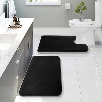 Clara Clark 2 Piece Bathroom Rugs, Velvet Memory Foam Bath Mat Set, Non-Slip Bath Rugs, Machine Wash, Dries Quickly, Ultra Soft Plush Bath Mats for Bathroom, 17 x 24 + Contour, Black