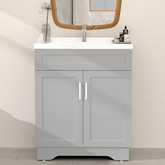Bathroom Vanity with Ceramic Sink, Bathroom Vanity Cabinet with 2 Doors, 32 Inches Wooden Cabinet with Sink, Grey