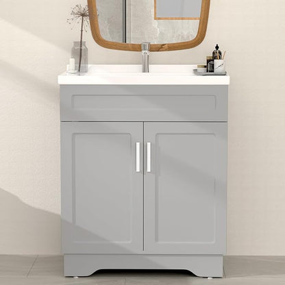 Bathroom Vanity with Ceramic Sink, Bathroom Vanity Cabinet with 2 Doors, 32 Inches Wooden Cabinet with Sink, Grey