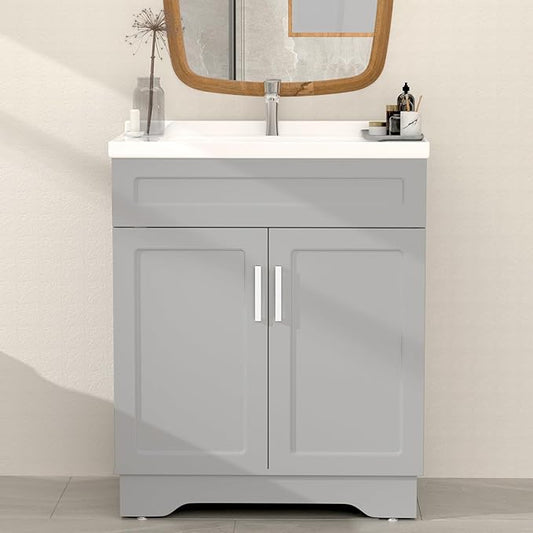Bathroom Vanity with Ceramic Sink, Bathroom Vanity Cabinet with 2 Doors, 32 Inches Wooden Cabinet with Sink, Grey