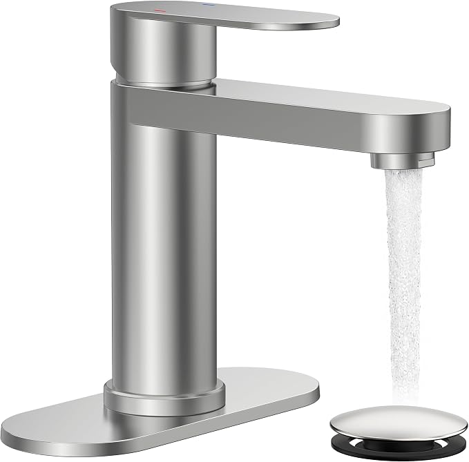 FORIOUS Bathroom Faucet 1 Hole, Single Handle Vanity Faucet Brushed Nickel | Bathroom Sink Faucet with Deck Plate, Fits 1 Hole and 4-Inch 3 Hole Install, for RV Vanity Lavatory Restroom Camper