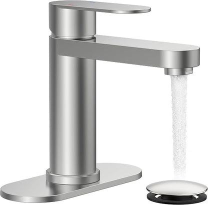 FORIOUS Bathroom Faucet 1 Hole, Single Handle Vanity Faucet Brushed Nickel | Bathroom Sink Faucet with Deck Plate, Fits 1 Hole and 4-Inch 3 Hole Install, for RV Vanity Lavatory Restroom Camper