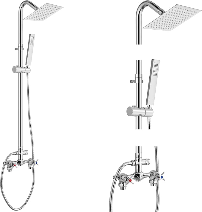 Aolemi Outdoor Shower Kit with Handheld,Square Rain Shower,Polish Chrome | 2-Handle Hot and Cold Control, Adjustable Height, 6-Inch Center Valve, 59-Inch Hose, Winter Drainage Outdoor Shower Fixtures