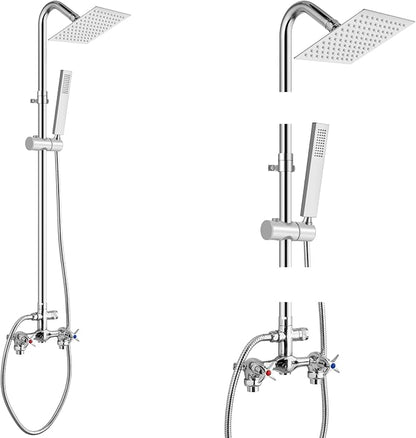 Aolemi Outdoor Shower Kit with Handheld,Square Rain Shower,Polish Chrome | 2-Handle Hot and Cold Control, Adjustable Height, 6-Inch Center Valve, 59-Inch Hose, Winter Drainage Outdoor Shower Fixtures