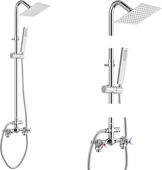 Aolemi Outdoor Shower Kit with Handheld,Square Rain Shower,Polish Chrome | 2-Handle Hot and Cold Control, Adjustable Height, 6-Inch Center Valve, 59-Inch Hose, Winter Drainage Outdoor Shower Fixtures