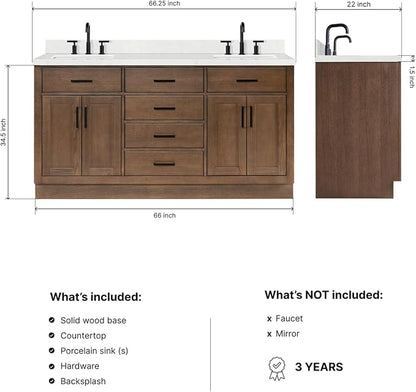 Isabella 66-Inch Brown Oak Double Bathroom Vanity with Sink, 1.5-Inch Edge Carrara White Quartz Countertop & 4" Backsplash, Soft-Closing Doors & Drawers, Solid Oak Wood Construction