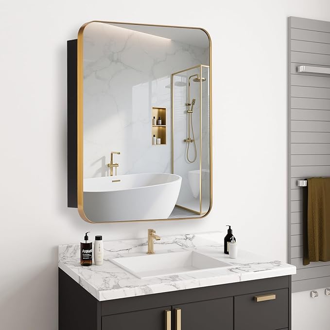 16’’x26’’ Medicine Cabinet,Metal Framed Medicine Cabinet Mirror with Round Corner,Recessed and Surface Mount Bathroom Mirror with Storage, Removeable Shelves,Gold