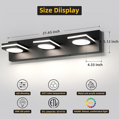 OKELI Bathroom Light Fixtures, Matte Black Vanity Light Modern LED Acrylic Lighting Fixtures, Bathroom Accessories Dimmer Lamps, 3CCT, 22-inch