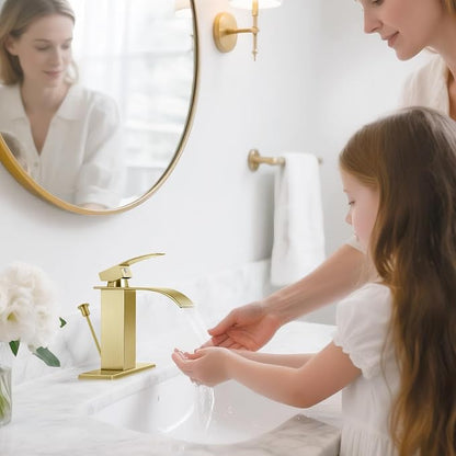 Brush Gold Bathroom Faucet with Waterfall Spout and Lift Rod Drain | SUS 304 Stainless Steel, Single Handle, 1 Or 3 Hole Sink, RV Vanity, Deck Plate, Supply Hoses, NSF372 NSF61 cUPC