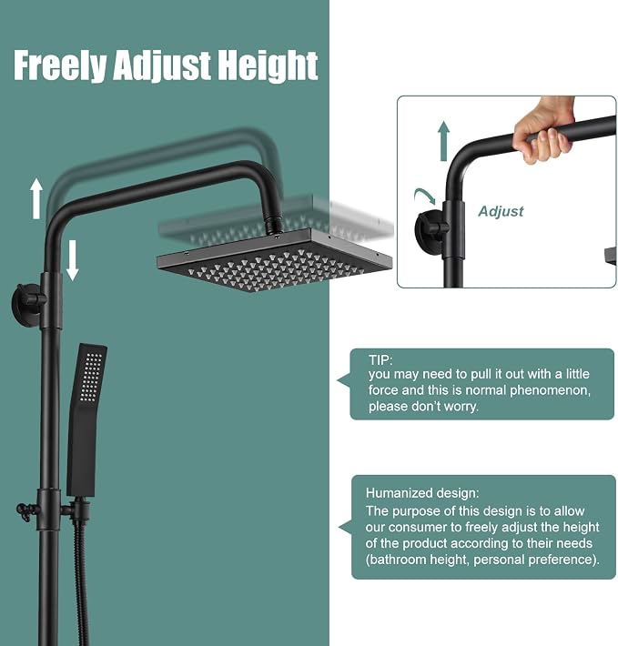 Heyalan 8-Inch Exposed Shower System with Handheld, Tub Spout, Matte Black | 3-function exposed shower system with 8-inch rainfall head, handheld shower, tub spout, adjustable slide bar, 1.8 GPM