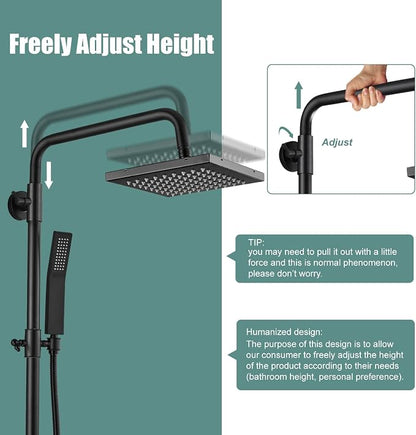 Heyalan 8-Inch Exposed Shower System with Handheld, Tub Spout, Matte Black | 3-function exposed shower system with 8-inch rainfall head, handheld shower, tub spout, adjustable slide bar, 1.8 GPM