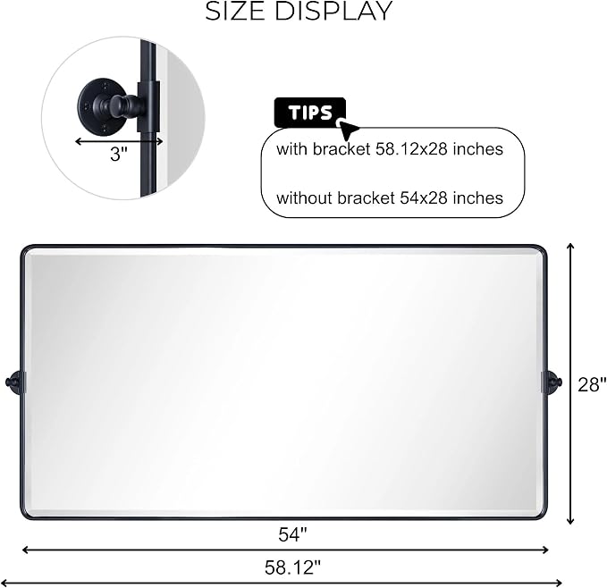 TEHOME Pivot Full Length Bathroom Vanity Mirror Matt Black Metal Framed Full Body Wall Mounted Floor Pivoting Mirror for Bathroom, Living Room, Overall 58.12 x 28 inches (Mirrror 54 x 28 inches)