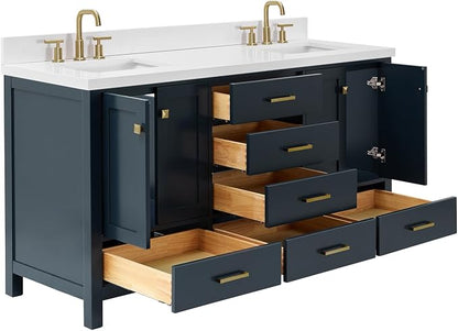 Beckford 66" Midnight Blue Double Bathroom Vanity with Sink, 1.5" Pure White Quartz Countertop, Rectangular Undermount Sinks, 4 Soft Closing Doors, 6 Full Extension Dovetail Drawers