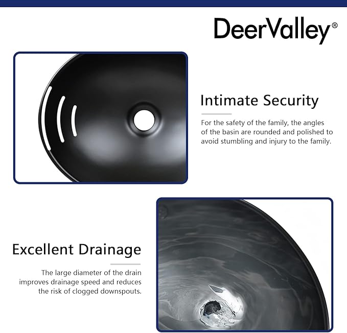 DeerValley DV-1V0011 Horizon Black Bathroom Sink, 16"x13" Oval Bathroom Vessel Sink Above Counter Vanity Ceramic Sink