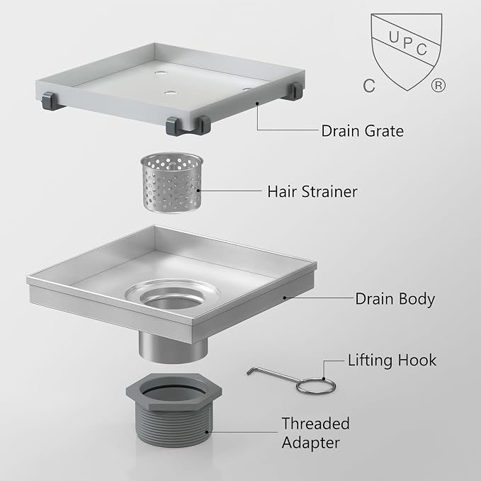 6 Inch Square Shower Drain with Tile Insert Grate, Brushed | 304 Stainless Steel, Square Tile Floor Drain for Bathroom, Removable Tile-In Drain Grate with Hair Strainer, cUPC Certified