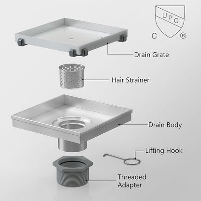 6 Inch Square Shower Drain with Tile Insert Grate, Brushed | 304 Stainless Steel, Square Tile Floor Drain for Bathroom, Removable Tile-In Drain Grate with Hair Strainer, cUPC Certified