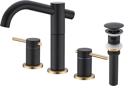Black and Gold Bathroom Faucet 8 Inch Widespread with Strong-Core Swivel Spout 3 Hole 2-Handle Brass Lavatory Vanity Sink Faucet with Metal Overflow Drain, Matte Black and Brushed Gold