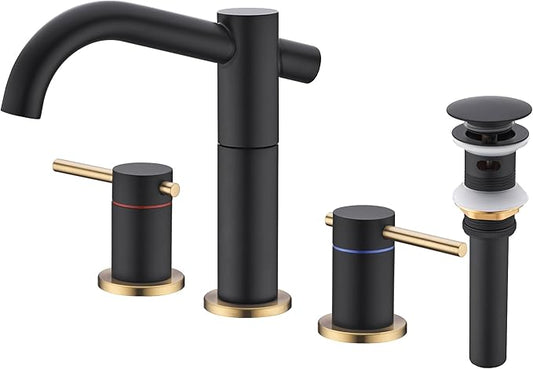 Black and Gold Bathroom Faucet 8 Inch Widespread with Strong-Core Swivel Spout 3 Hole 2-Handle Brass Lavatory Vanity Sink Faucet with Metal Overflow Drain, Matte Black and Brushed Gold