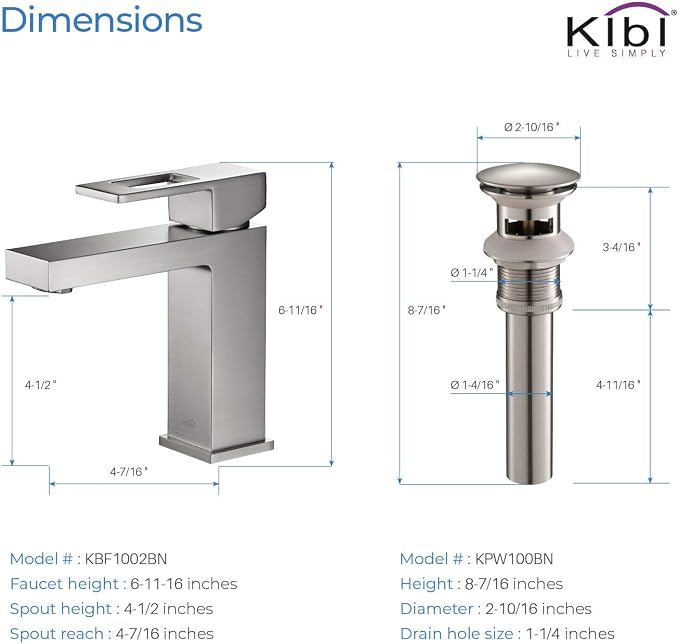 Solid Brass Single Handle Bathroom Sink Faucet with Pop-Up Drain, High Arc Cubic Spout Lavatory Faucet | Corrosion-Resistant, Modern Design, Easy to Install (Brushed Nickel, KBF1002)