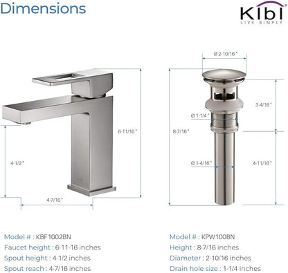 Solid Brass Single Handle Bathroom Sink Faucet with Pop-Up Drain, High Arc Cubic Spout Lavatory Faucet | Corrosion-Resistant, Modern Design, Easy to Install (Brushed Nickel, KBF1002)