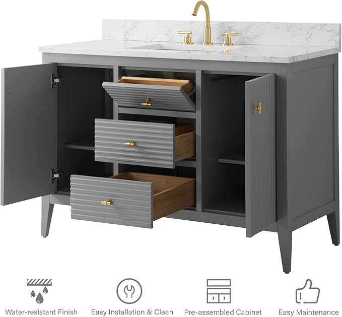 HOMEBEYOND 48" Bathroom Vanity with Sink, Solid Wood Bathroom Vanity Free-Standing Cabinet, Drawers, Ceramic Top & Soft Closing Door, Golden Brushed Handware, Cashmere Gray