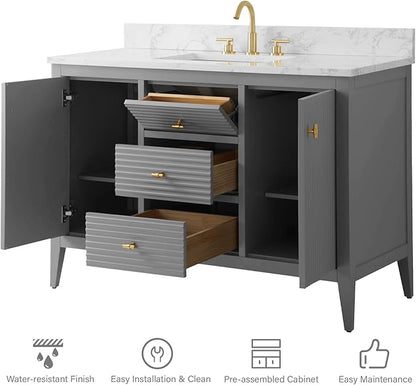 HOMEBEYOND 48" Bathroom Vanity with Sink, Solid Wood Bathroom Vanity Free-Standing Cabinet, Drawers, Ceramic Top & Soft Closing Door, Golden Brushed Handware, Cashmere Gray