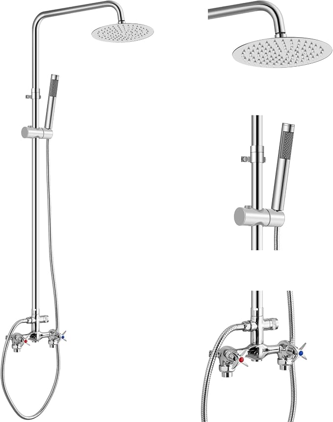 Aolemi Outdoor Shower Kit,8 Inch Rain Head and Handheld,Polish Chrome | 2-Handle Hot and Cold Control, Adjustable Height, 6-Inch Center Valve, 59-Inch Hose, Winter Drainage Outdoor Shower Fixtures