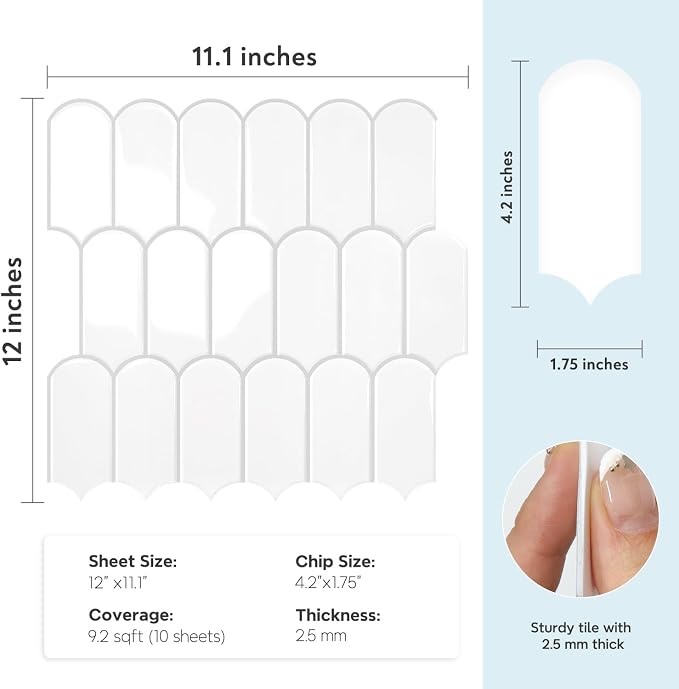 Vamos Tile Thicker Peel and Stick Backsplash Tile, White,10-Sheet | Self Adhesive Vinyl Wall Tiles with Gray Grout, Stick on Backsplash for Kitchen, Bathroom,RV,Laundry,11.1''x12''