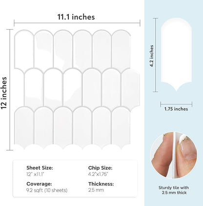 Vamos Tile Thicker Peel and Stick Backsplash Tile, White,10-Sheet | Self Adhesive Vinyl Wall Tiles with Gray Grout, Stick on Backsplash for Kitchen, Bathroom,RV,Laundry,11.1''x12''