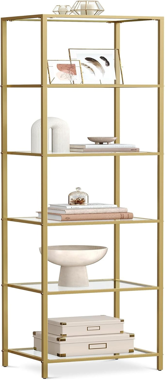 VASAGLE Bookcase, 6-Tier Bookshelf, Slim Shelving Unit for Bedroom, Bathroom, Home Office, Tempered Glass, Steel Frame, Metallic Gold ULGT500A01
