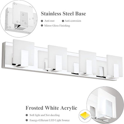 Aipsun 4 Lights Dimmable Modern LED Vanity Light for Bathroom Frosted White Acrylic Chrome Up and Down Bathroom Wall Light Fixtures Over Mirror(White Light 6000K)