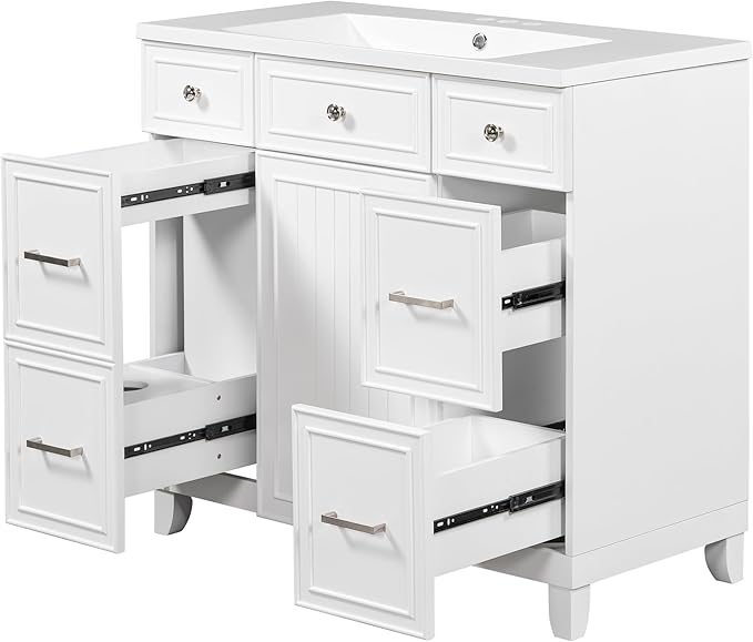 LUMISOL 36" Bathroom Vanity with Sink Top, Modern Bathroom Vanity with 3 Drawers & Cabinet, Solid Wood Bathroom Cabinet with Undermount Basin, White