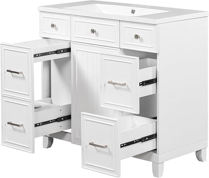 LUMISOL 36" Bathroom Vanity with Sink Top, Modern Bathroom Vanity with 3 Drawers & Cabinet, Solid Wood Bathroom Cabinet with Undermount Basin, White