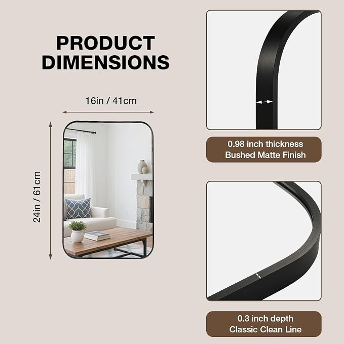 16"x24" Bathroom Mirrors for Over Sink, Matte Black Rectangle Vanity Mirror | Aluminum Alloy Frame, Clear Reflection, Rust-Resistant, Vertical or Horizontal, Wall Mount, Bedroom and Entryway