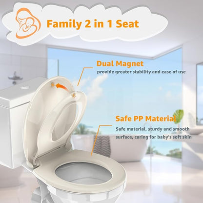 Potty Training Seat Built-in Toilet Seat, Round Toilet Seat 16.5inch with Baby Seat 2 in 1 Soft Close Quiet No Slapping, Magnetic Absorption, Easy Installation for Bottom Fixing Toilet，Almond