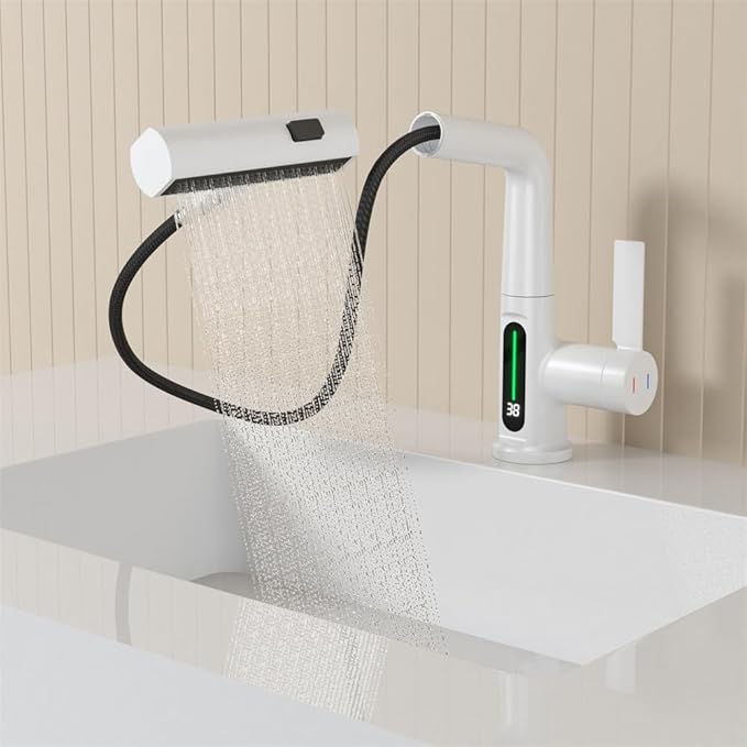 Bathroom Single Handle Basin Sink Pull Out Faucet with Rainfall Spray Head Temperature Digital Display Vanity Mixer Tap White