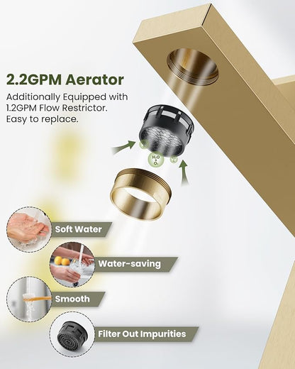 gotonovo Vessel Sink Faucet Single Handle Tall Bathroom Faucet One Hole Modern Lavatory Vanity Basin Mixer Tap Matching Supply Hoses and Pop up Drain Without Overflow, Brushed Gold