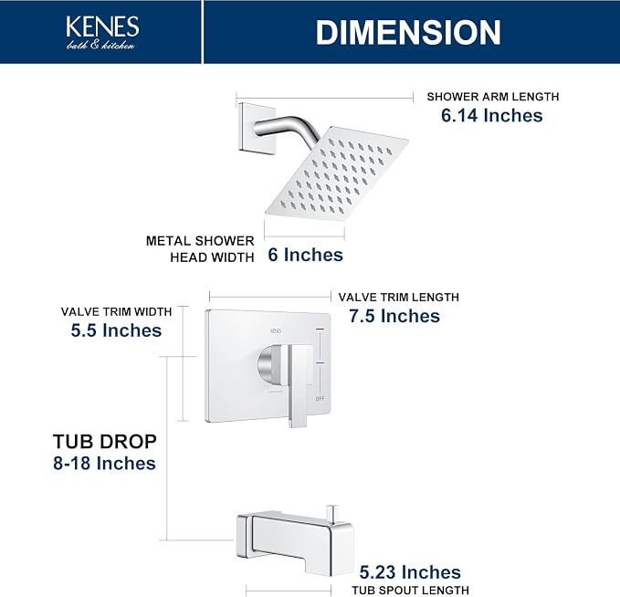 KENES Chrome Tub and Shower Trim Kit, Square Shower Set with Tub Faucet | Shower Faucet with 6-Inch Rain Shower Head, Square Shower System, Valve Included, Lead-Free cUPC & NSF Certified, Stainless