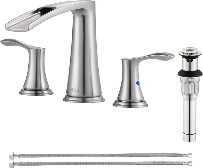 PARLOS Waterfall Widespread Bathroom Faucet 2 Handles with Metal Pop Up Drain & cUPC Faucet Supply Lines, Brushed Nickel, Demeter 1431802