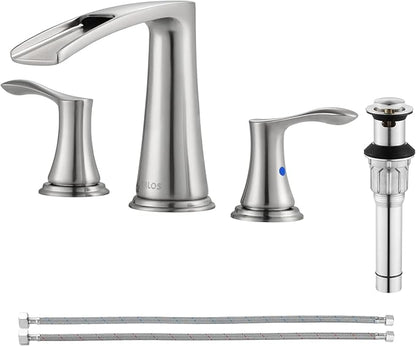 PARLOS Waterfall Widespread Bathroom Faucet 2 Handles with Metal Pop Up Drain & cUPC Faucet Supply Lines, Brushed Nickel, Demeter 1431802