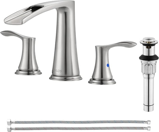 PARLOS Waterfall Widespread Bathroom Faucet 2 Handles with Metal Pop Up Drain & cUPC Faucet Supply Lines, Brushed Nickel, Demeter 1431802