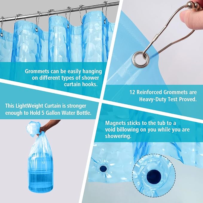 Ga-Geetopia EVA 3D Blue Pearl Water Cube Plastic Shower Curtain Liner - Premium Light Weight 72" x 72" Blue Bathroom Shower Showroom Curtain Liner with Rustproof Metal Gromments and Weighted Magnet
