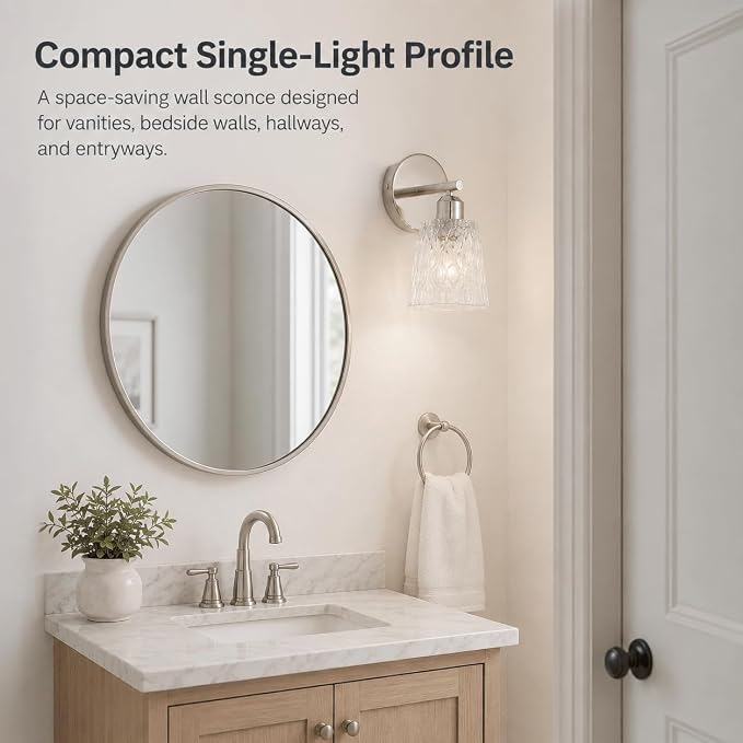 Chrome 1 Light Bathroom Vanity Light with Textured Glass Shade, E26 Socket, Bathroom Light Fixture Over Mirror, Modern Lighting Fixture Wall Lamp Vanity Light