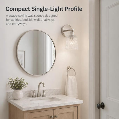 Chrome 1 Light Bathroom Vanity Light with Textured Glass Shade, E26 Socket, Bathroom Light Fixture Over Mirror, Modern Lighting Fixture Wall Lamp Vanity Light