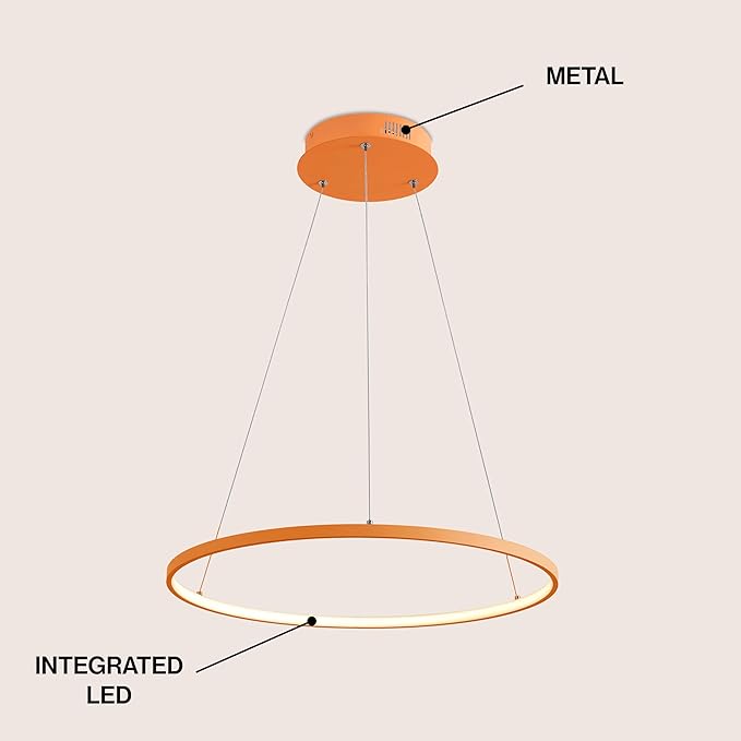 JONATHAN Y 23.75" Orange Modern Integrated LED Pendant Light, Dimmable Round Hoop Chandelier for Kitchen Island, Dining Room, Adjustable Height Metal Hanging Light (JYL7203G)