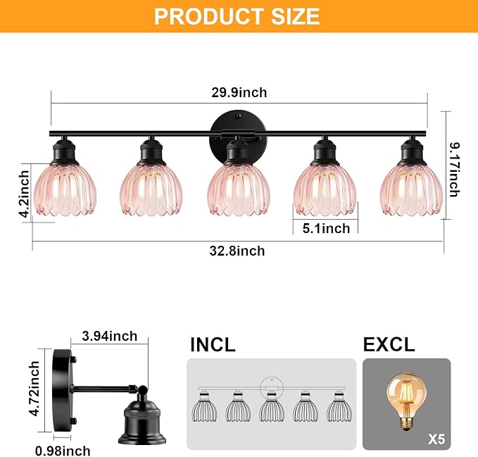 Bathroom Light Fixtures, 5-Light Brushed Black Vanity Lights for Bathroom with Pink Tulip Glass Shade, 30" Vintage Bathroom Vanity Lighting Fixtures Over Mirror for Bedroom Living Room Hallway