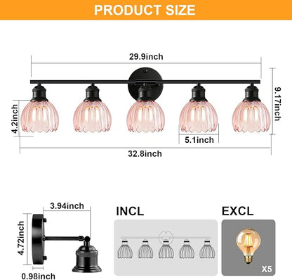 Bathroom Light Fixtures, 5-Light Brushed Black Vanity Lights for Bathroom with Pink Tulip Glass Shade, 30" Vintage Bathroom Vanity Lighting Fixtures Over Mirror for Bedroom Living Room Hallway